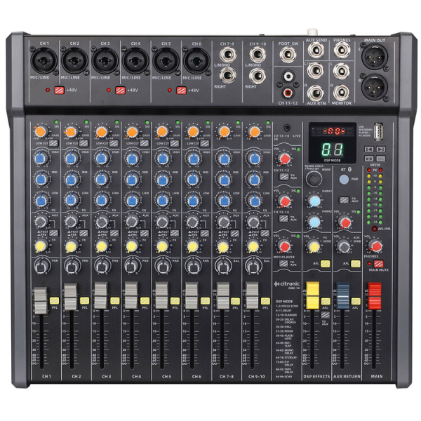 Fully featured audio mixer with 6 mono input channels, 2 stereo line inputs, stereo Aux input and a further minijack stereo input.&nbsp;<br /><br />Each mono mic/line channel has a combo XLR/jack input with +48V phantom power switchable in pairs for the XLR inputs.&nbsp;<br /><br />Each mic/line channel has a Gain control for matching the input source and a low-cut switch to filter out rumble or handling noise from microphones.&nbsp;<br /><br />Each mono channel also has High/Mid/Low EQ controls, Aux out level, FX level, Pan control and a 60mm channel fader.&nbsp;<br /><br />The onboard foot-switchable DSP effects engine has 99 presets for delay, reverb and modulation effects, each of which can be adjusted using two parameter controls.&nbsp;<br /><br />An onboard Bluetooth receiver has an illuminated pairing button and independent volume control.&nbsp;<br /><br />The USB type-A port on the top panel is for playback of audio files or can be used to record the main outputs to a USB storage device or as an external audio device when connected to a laptop.&nbsp;<br /><br />Main output is served by left &amp; right XLR, in addition to 6.3mm monitor and headphone outputs and the Aux send &amp; stereo return loop.&nbsp;<br /><br /><br />