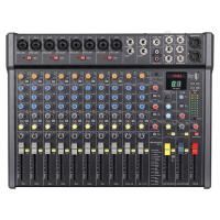 Fully featured audio mixer with 8 mono input channels, 2 stereo line inputs, stereo Aux input and a further minijack stereo input.&nbsp;<br /><br />Each mono mic/line channel has a combo XLR/jack input with +48V phantom power switchable in pairs for the XLR inputs.&nbsp;<br /><br />Each mic/line channel has a Gain control for matching the input source and a low-cut switch to filter out rumble or handling noise from microphones.&nbsp;<br /><br />Each mono channel also has High/Mid/Low EQ controls, Aux out level, FX level, Pan control and a 60mm channel fader.&nbsp;<br /><br />The onboard foot-switchable DSP effects engine has 99 presets for delay, reverb and modulation effects, each of which can be adjusted using two parameter controls.&nbsp;<br /><br />An onboard Bluetooth receiver has an illuminated pairing button and independent volume control.&nbsp;<br /><br />The USB type-A port on the top panel is for playback of audio files or can be used to record the main outputs to a USB storage device or as an external audio device when connected to a laptop.&nbsp;<br /><br />Main output is served by left &amp; right XLR, in addition to 6.3mm monitor and headphone outputs and the Aux send &amp; stereo return loop.&nbsp;<br /><br /><br />